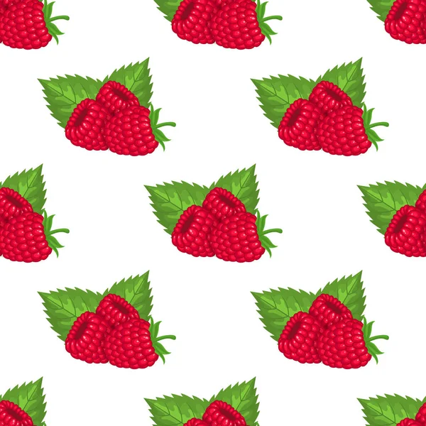 Seamless Pattern Fresh Bright Exotic Whole Raspberries Leaves White Background — Stock Vector