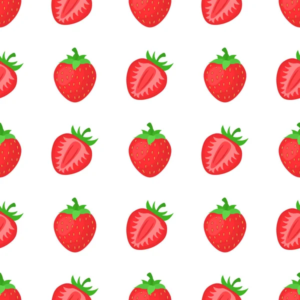 无缝隙图案 白色背景上有新鲜而明亮的全草莓和半草莓 夏天水果促进健康的生活方式 有机水果 卡通风格 任何设计的矢量说明 — 图库矢量图片