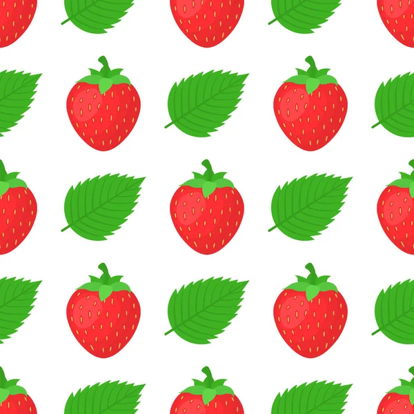 Seamless Pattern Fresh Bright Exotic Whole Strawberries Leaves White Background — Stock Vector