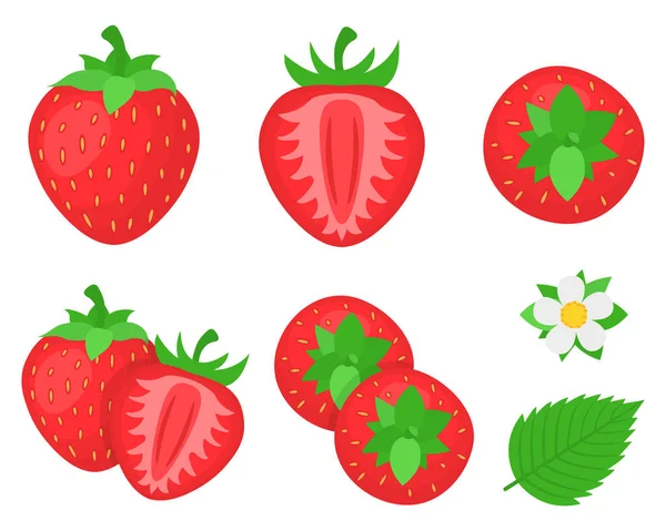 一组鲜亮的奇异的整体 半草莓和花朵隔离在白色的背景 夏天水果促进健康的生活方式 有机水果 卡通风格 任何设计的矢量说明 — 图库矢量图片