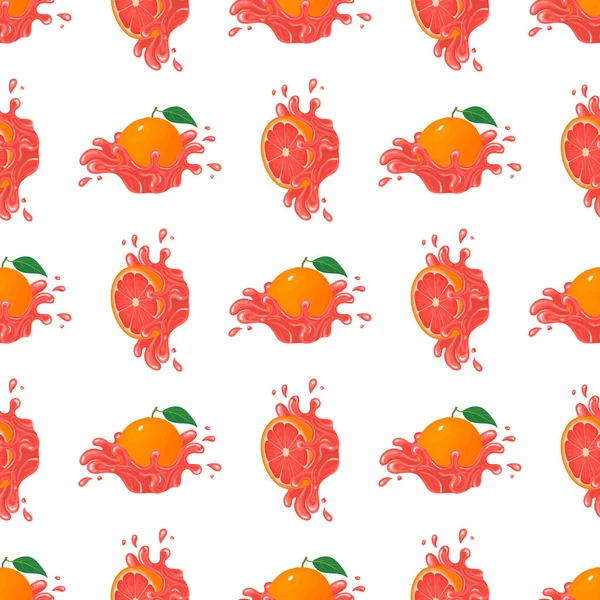 Seamless Pattern Fresh Bright Grapefruit Juice Splash Burst Isolated White — Stock Vector