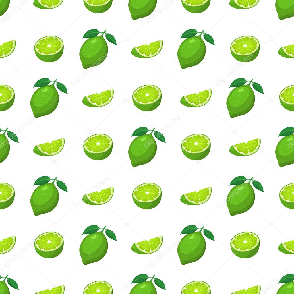Seamless pattern with fresh bright exotic whole, half and cut slice lime fruit on white background. Summer fruits for healthy lifestyle. Organic fruit. Vector illustration for any design.