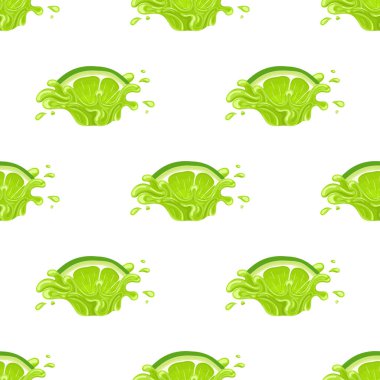 Beyaz arka planda izole edilmiş taze limon suyu sıçraması olan kusursuz bir desen. Yaz meyve suyu. Çizgi film tarzı. Herhangi bir tasarım için vektör illüstrasyonu.