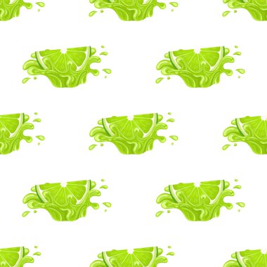 Beyaz arka planda izole edilmiş taze limon suyu sıçraması olan kusursuz bir desen. Yaz meyve suyu. Çizgi film tarzı. Herhangi bir tasarım için vektör illüstrasyonu.