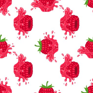 Beyaz arka planda taze ahududu suyu sıçraması olan pürüzsüz bir desen. Yaz meyve suyu. Çizgi film tarzı. Herhangi bir tasarım için vektör illüstrasyonu.