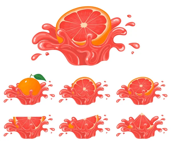 新鮮な明るいグレープフルーツジューススプラッシュバーストのセットは 白の背景に隔離された 夏のフルーツジュース 漫画風 任意のデザインのベクトルイラスト — ストックベクタ