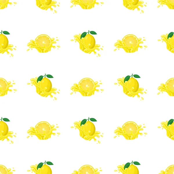 Seamless Pattern Fresh Bright Lemon Juice Splash Burst Isolated White — Stock Vector