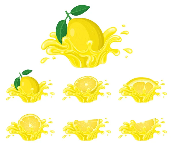 Sada Čerstvé Šťávy Citronové Šťávy Praskla Izolované Bílém Pozadí Letní — Stockový vektor