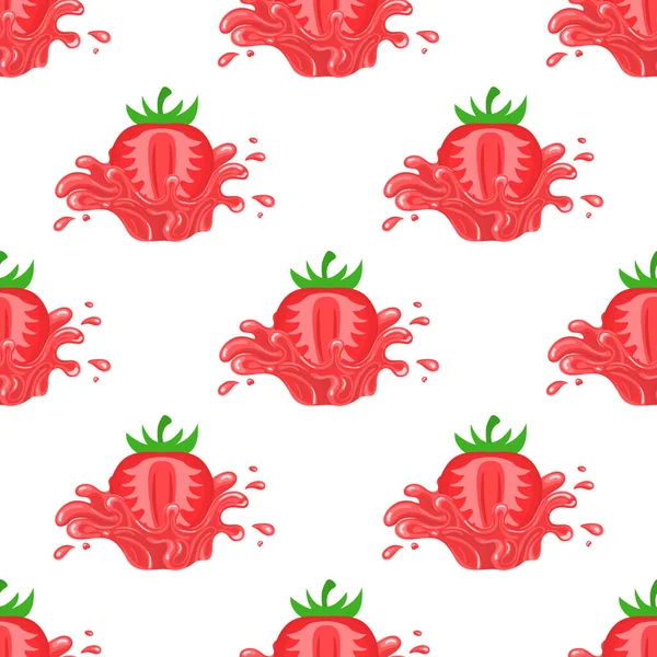 Seamless Pattern Fresh Bright Strawberry Juice Splash Burst Isolated White — Stock Vector