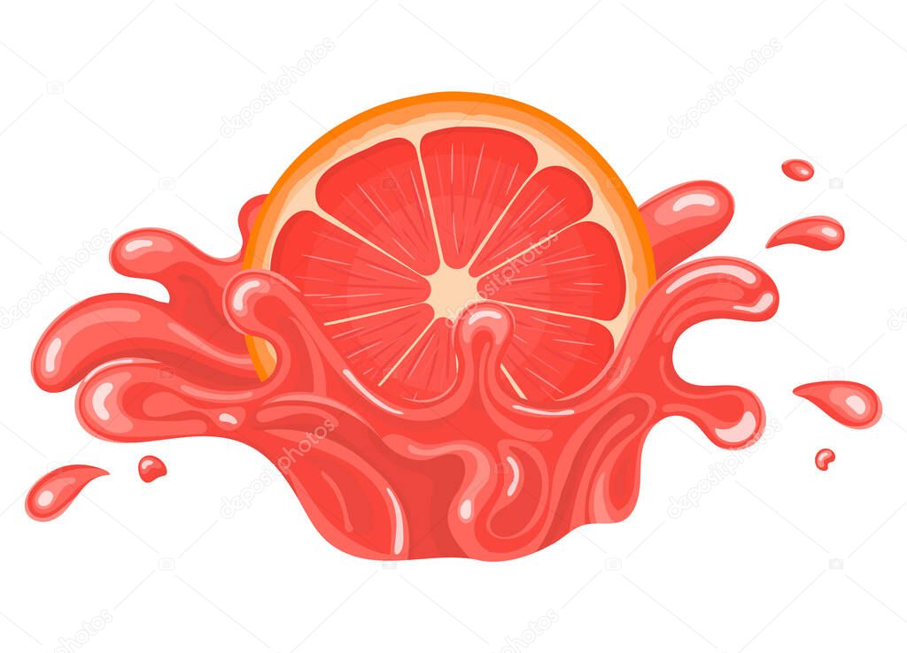 Fresh bright half cut grapefruit juice splash burst isolated on white background. Summer fruit juice. Cartoon style. Vector illustration for any design.