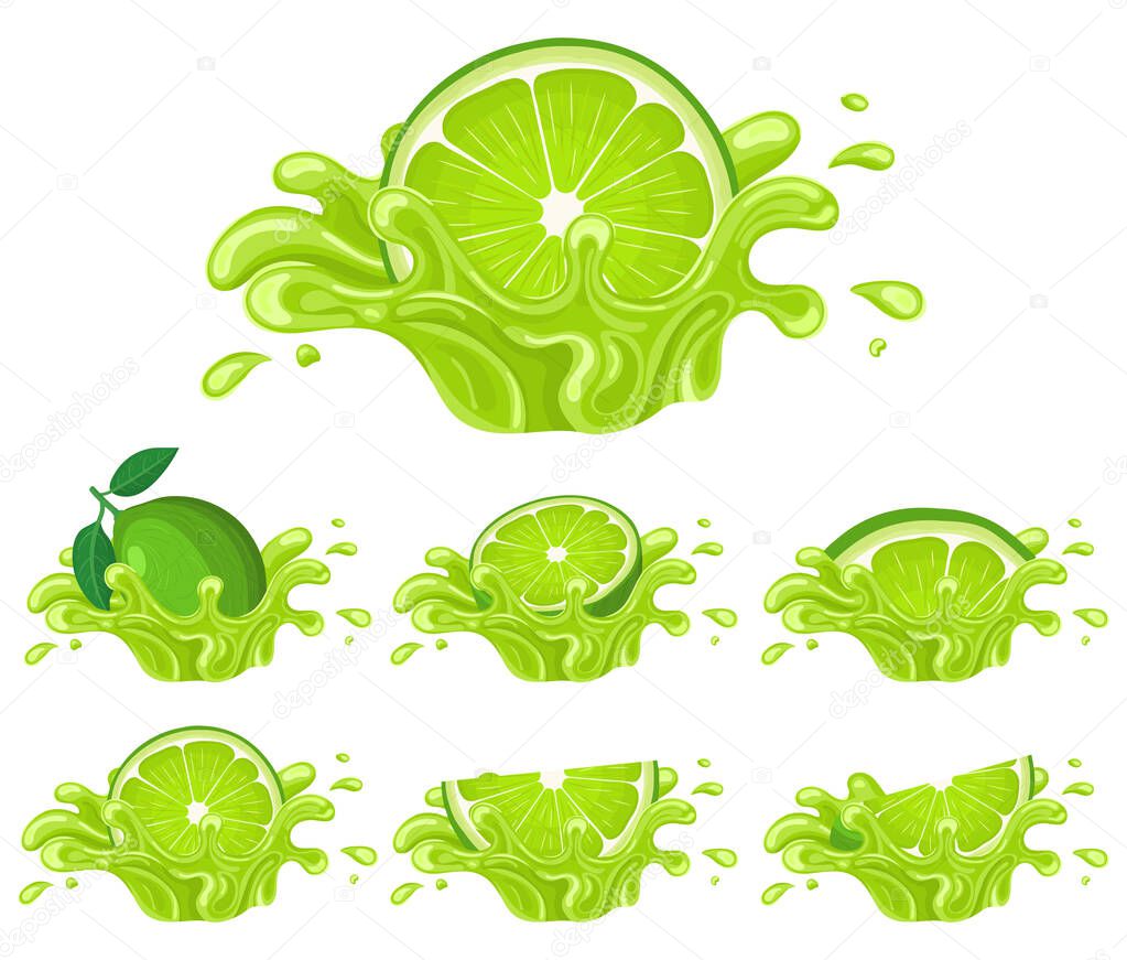 Set of fresh bright lime juice splash burst isolated on white background. Summer fruit juice. Cartoon style. Vector illustration for any design.