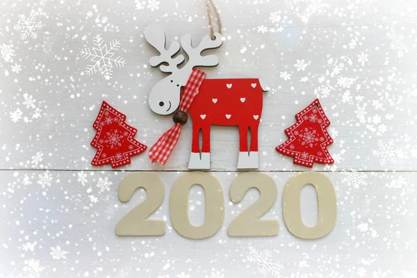 Feliz Ano Novo 2020 Sala Madeira Mesa Madeira Flocos Neve — Fotografia de Stock