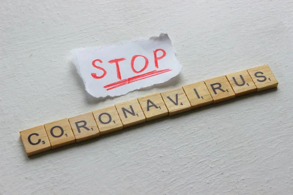 Top View Wooden Blocks Words Stop Coronavirus White Background Stop — Stock Photo, Image