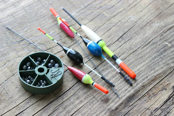 Fishing Rods Reels Fishing Line Old Wooden Background Free Space — Stock Photo, Image