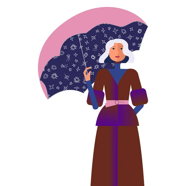 Kobieta gospodarstwa stylu retro parasol z gwiazdy niebo niebieski wzór. — Wektor stockowy