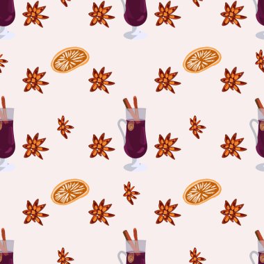 Sıcak şarap ve baharatlı cam beyaz sırtında dikişsiz desen