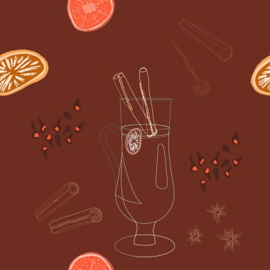 Sıcak şarap silueti ve dikişsiz baharat desenli cam.