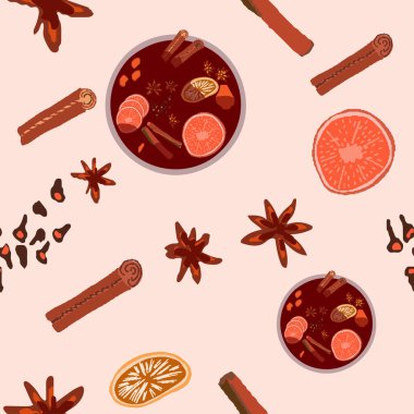 Pembe bac üzerinde sıcak sıcak şarap ve baharatsız desen.
