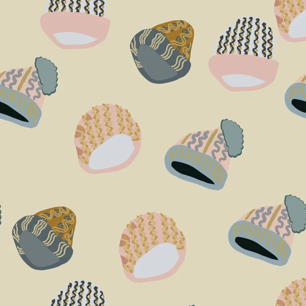 Illustration von Strickmützen mit nahtlosem Muster auf beigem Hintergrund — Stockvektor