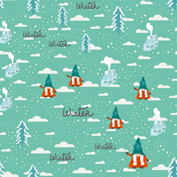 Christmas gnomes, pine trees and winter house with snow seamless design. — 스톡 벡터