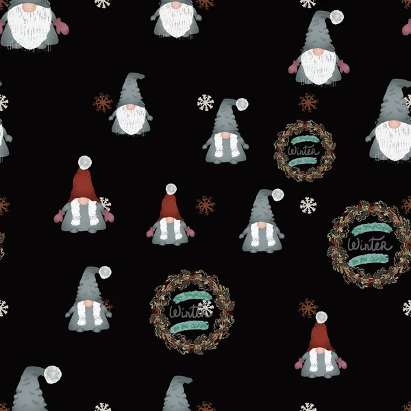 Navidad gnomos escandinavos patrón sin costuras en negro . — Archivo Imágenes Vectoriales
