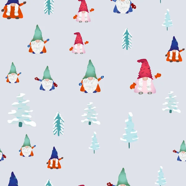 Natal gnomos escandinavos sem costura padrão em azul claro . —  Vetores de Stock