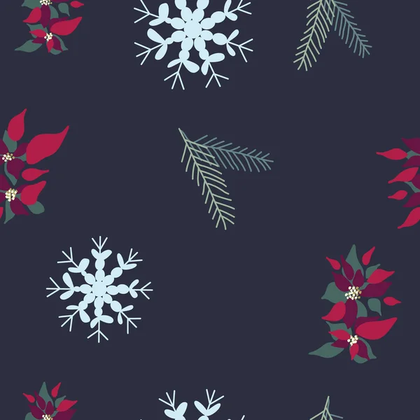 Natale rosso poinsettia, fiocchi di neve e pino abete rosso modello senza soluzione di continuità . — Vettoriale Stock