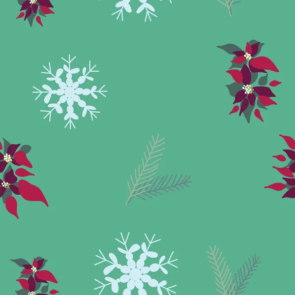 Poinsettia de Crăciun, fulgi de zăpadă și model fără sudură de molid de pin . — Vector de stoc