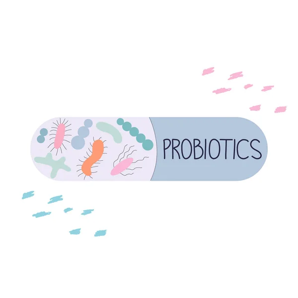 Cápsula con buenos microorganismos y nota probióticos en la ilustración de estilo de esquema . — Vector de stock
