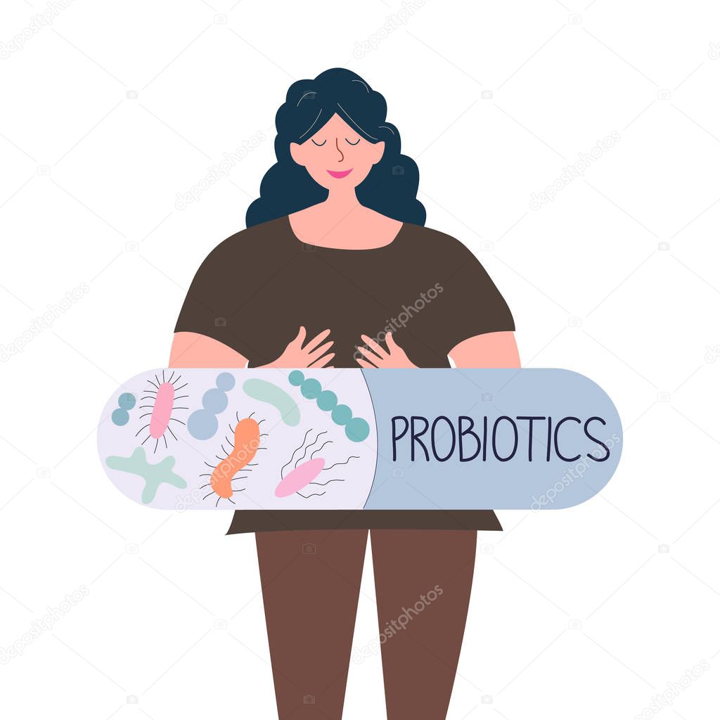 Woman holding a capsule with note probiotics in outline style illustration.