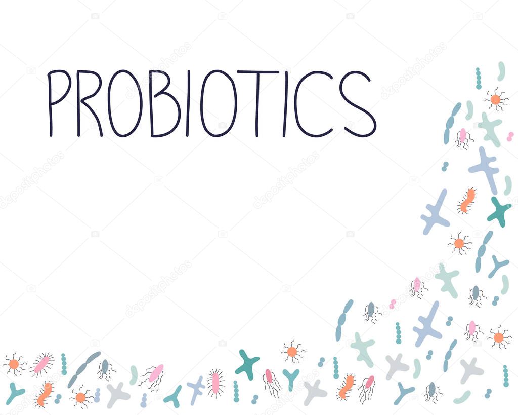 Background with good microorganisms and probiotics note.