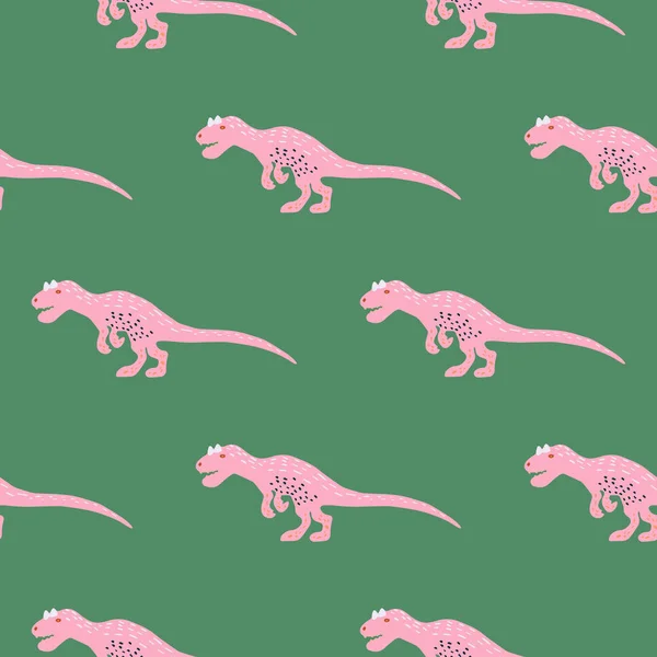 Niedliche rosa Dinosaurier Mädchen nahtlose Muster auf grün. — Stockvektor