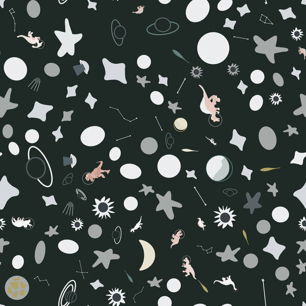 Space dino seamless pattern on black.