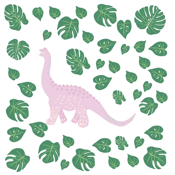 Pink Dinosaur with tropical flowers, monstera leaves on white. — Stock Vector
