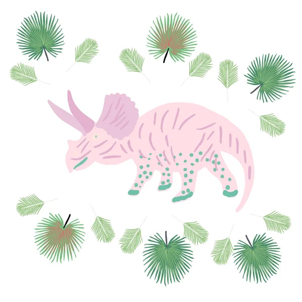 Pink Dinosaur with tropical palm leaves on white. — Stock Vector