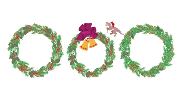 Kerst krans set van drie met dino santa geïsoleerd op witte achtergrond. — Stockvector