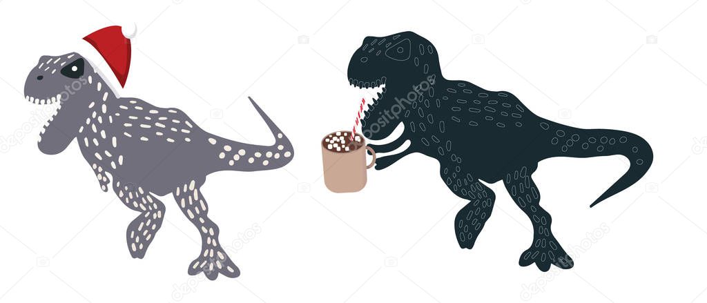 Christmas Dinosaur with santa hat and wild monster with hot chocolate isolated on white.
