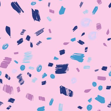 Pembe arkaplanda pembe, yeşil, mavi fırça darbeleriyle boya izlerine sahip yaratıcı arkaplan ya da lekesiz desen.