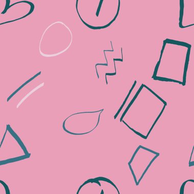 Pembe trend üzerinde soyut geometrik şekiller ve el çizimi desenler renkli arka plan.