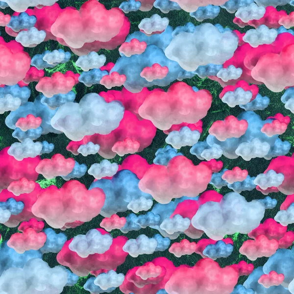 Pink and blue clouds pattern on blac seamless pattern