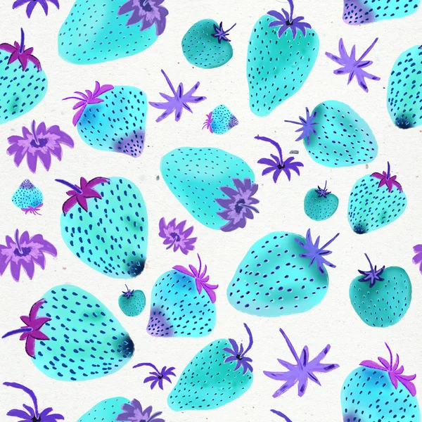 Hand drawn galaxy blue strawberries seamless pattern.