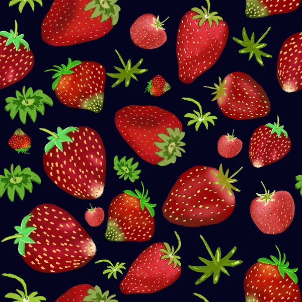 Hand drawn strawberries seamless pattern on black.