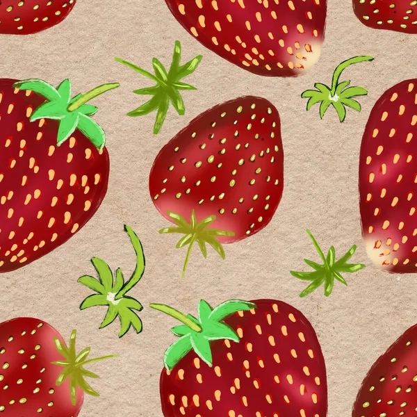 Hand drawn strawberries on beige seamless pattern. — Stock Photo, Image