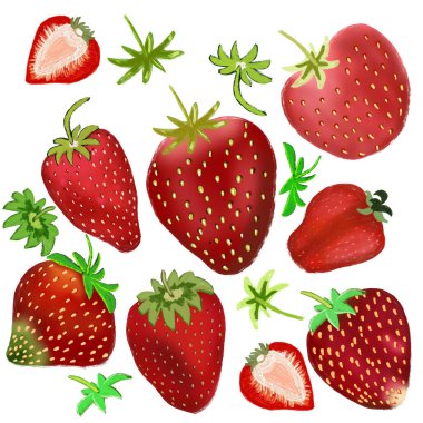 Set with garden strawberries and leaves isolated on white background.