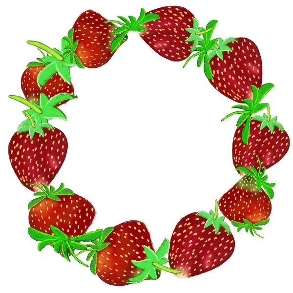 Fresh garden Strawberry wreath with leaves isolated on white background. — ストック写真