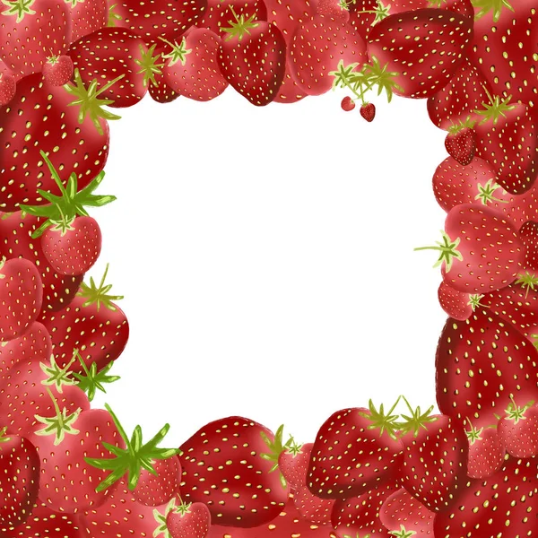 Garden Strawberry square frame border with leaves isolated on white background. — Stock Photo, Image