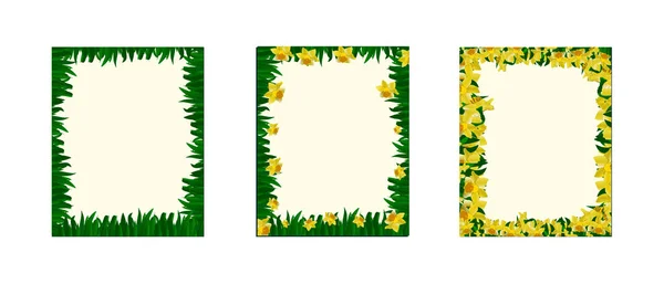 Prachtige Set Met Gele Lente Bloemenkozijnen Witte Achtergrond Daffodils Uitnodiging — Stockvector