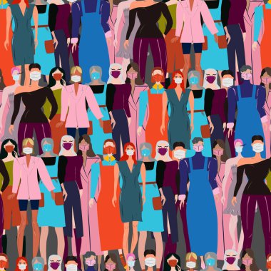 Çok uluslu kalabalığın koruyucu yüz maskesi taktığı sonsuz bir düzen. Son moda haberleri, moda blogcuları paylaşımı. Beyaz arkaplanlı düz çizgi film çizimi. Vektör illüstrasyonu.