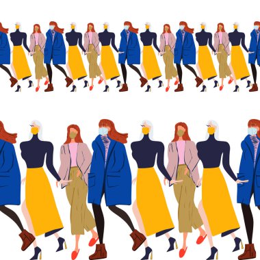 Koruyucu yüz maskesi takan çokuluslu kalabalıkla sınırı tekrarlayın. Son moda haberleri, moda blogcuları paylaşımı. Beyaz arkaplanlı düz çizgi film çizimi. Vektör illüstrasyonu.