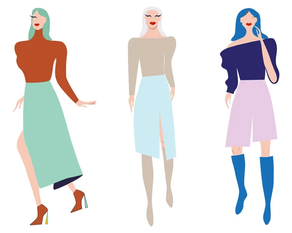 Groep Van Vrouwen Straat Stijl Personages Collectie Meisjes Modellen Set — Stockvector